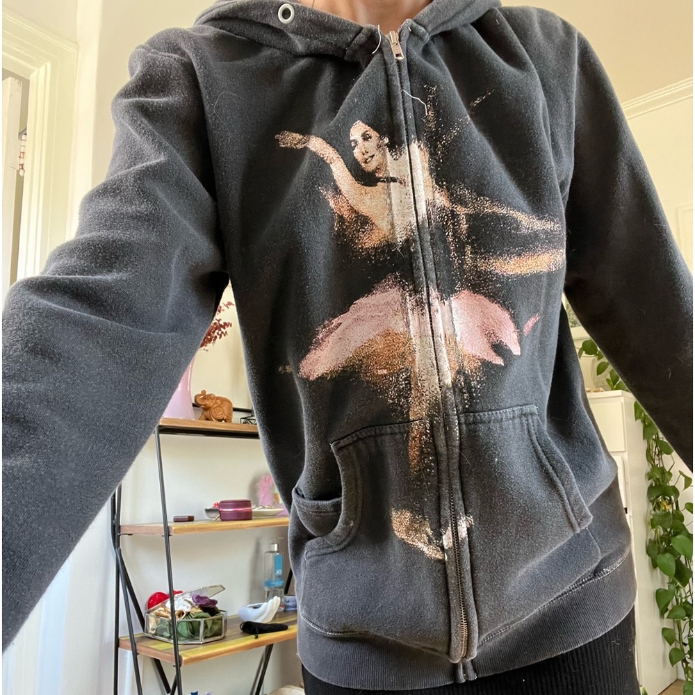 Black / grey basket case gallery zip up hoodie with a graphic of a ballet dancer